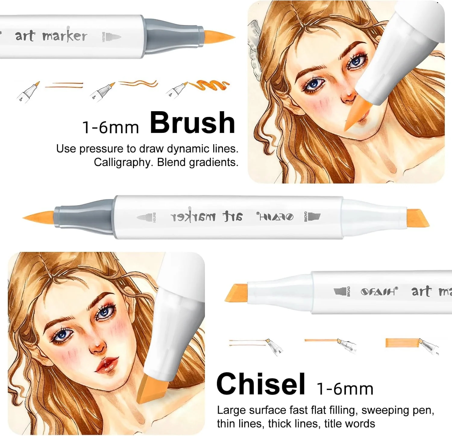 SFAIH Skin Tone Alcohol Markers Brush & Chisel