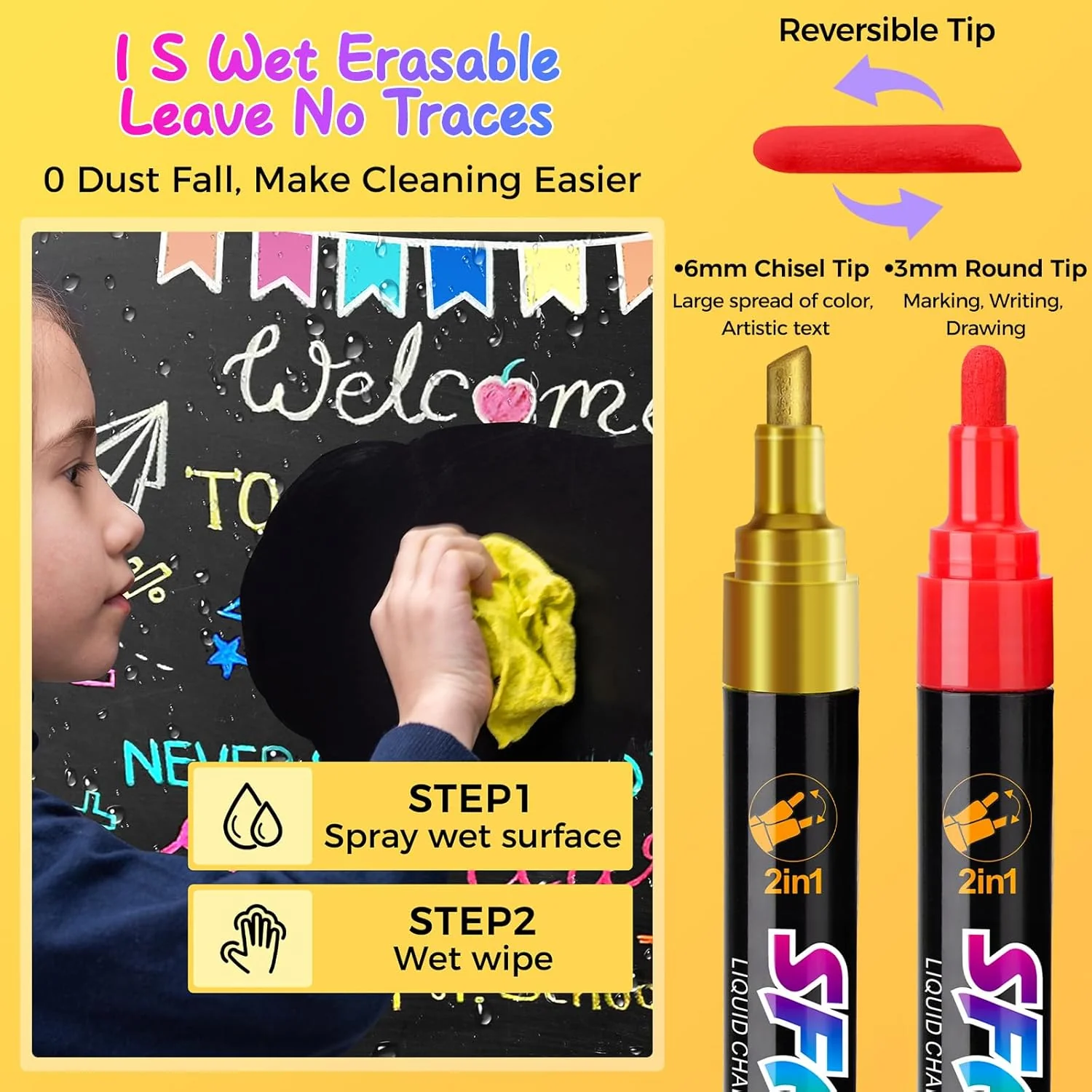 SFAIH Liquid Chalk Markers [1-Second Wet Wipe]
