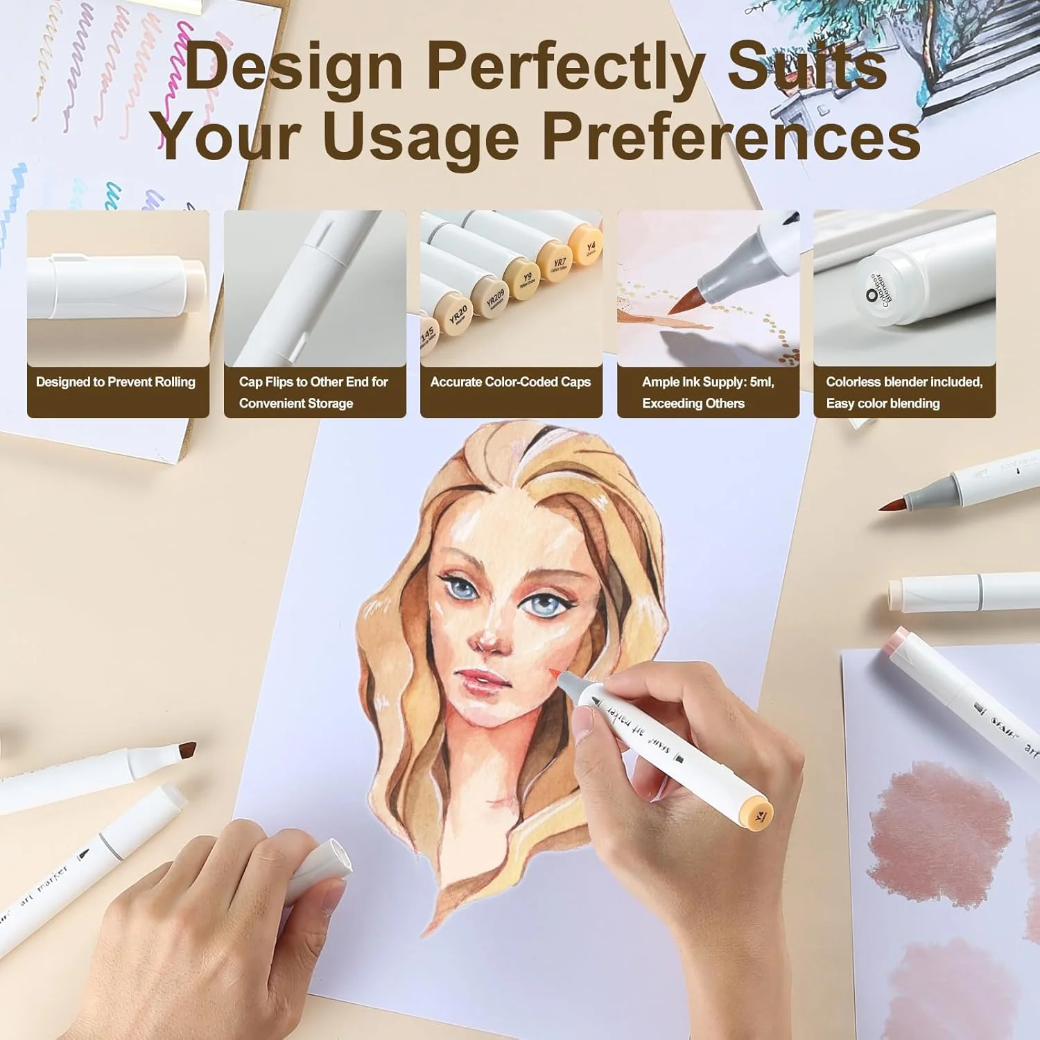 SFAIH Skin Tone Brush Tip Alcohol Markers