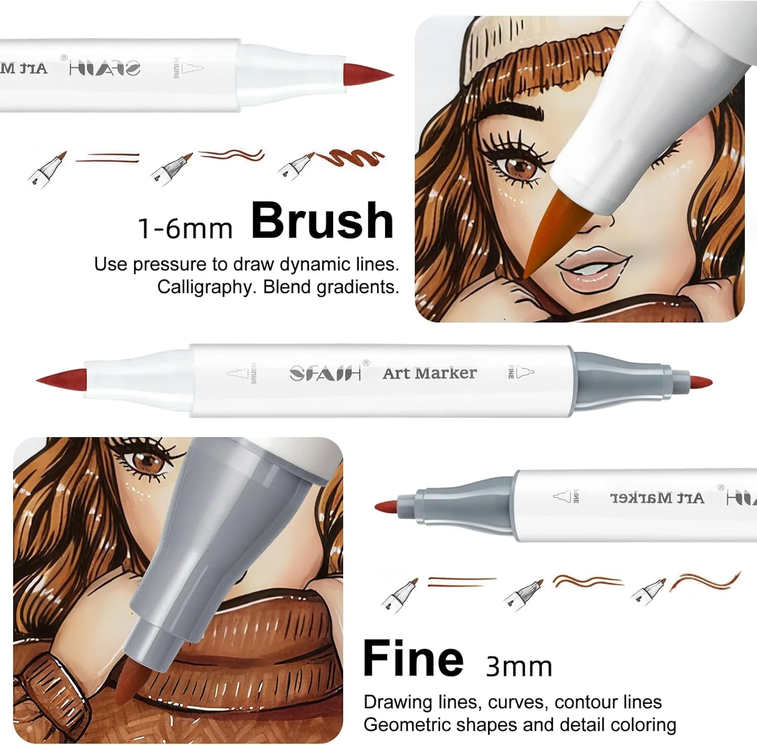 SFAIH Skin Tone Alcohol Markers Brush & Fine