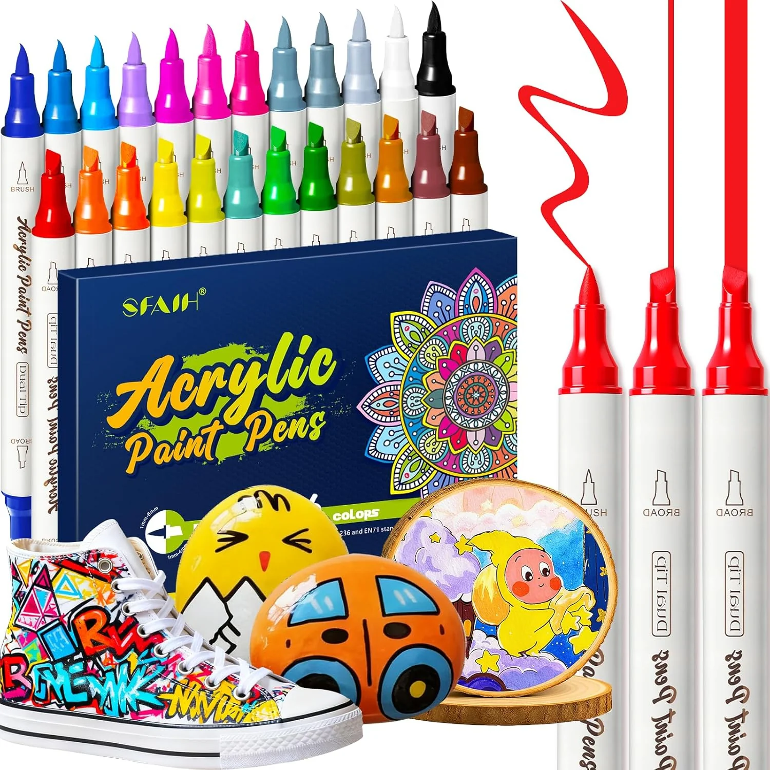 SFAIH Acrylic Paint Markers [24 Brush + Chisel]