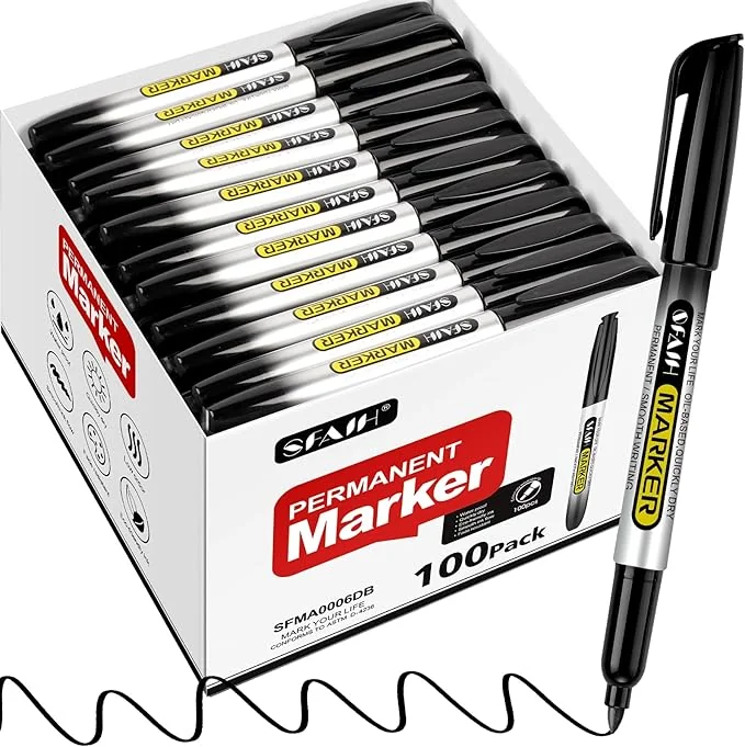 SFAIH 100 Black Permanent Markers Bulk -1s Quick